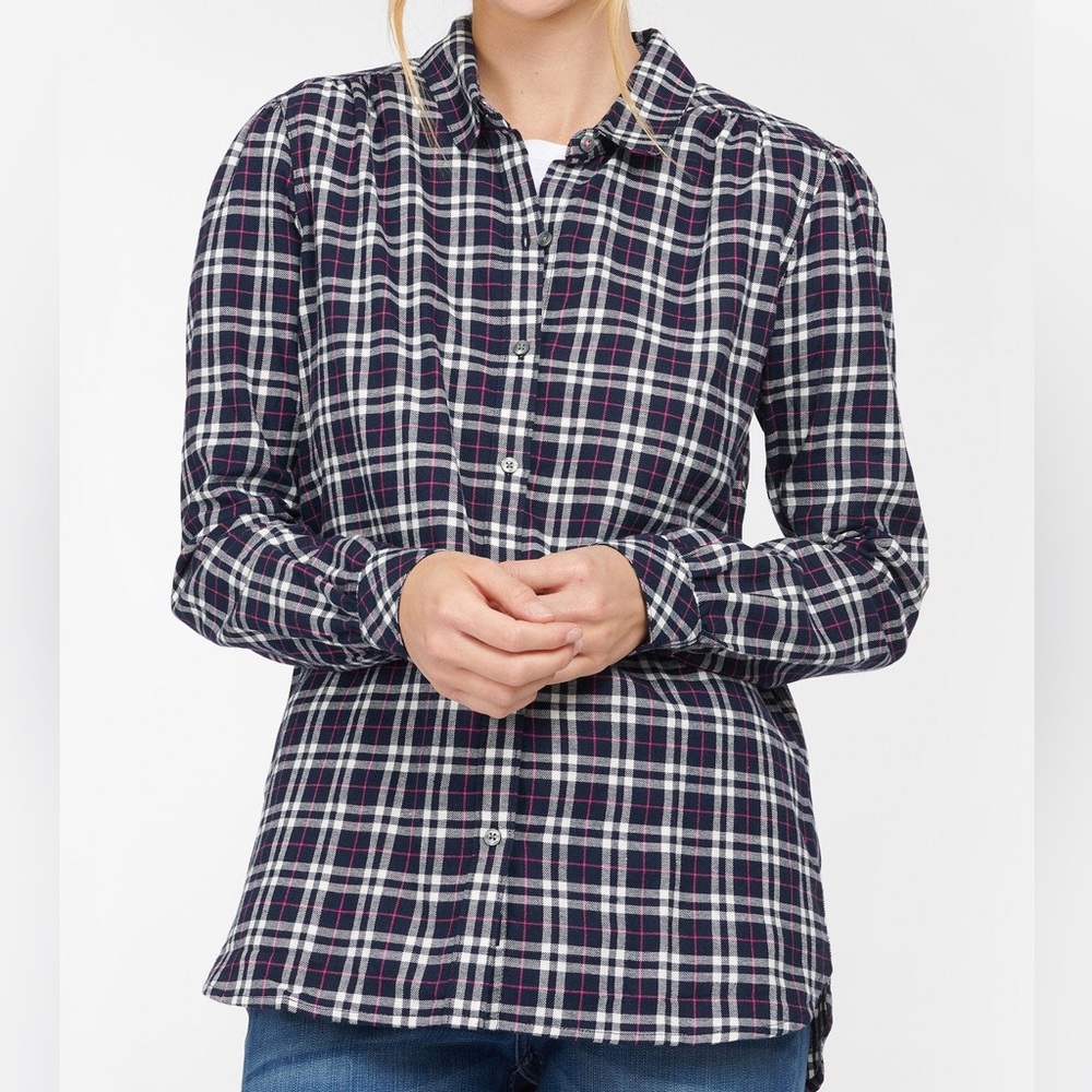 Barbour Birling Shirt Plaid Button Up Navy Pink White Size 10